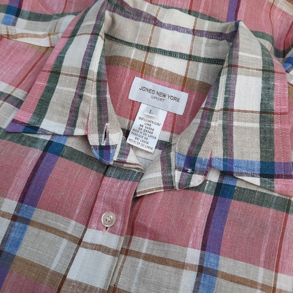 Vintage 90's JNY Linen Plaid Button Down Blouse Top Lagenlook Career - Picture 5 of 8